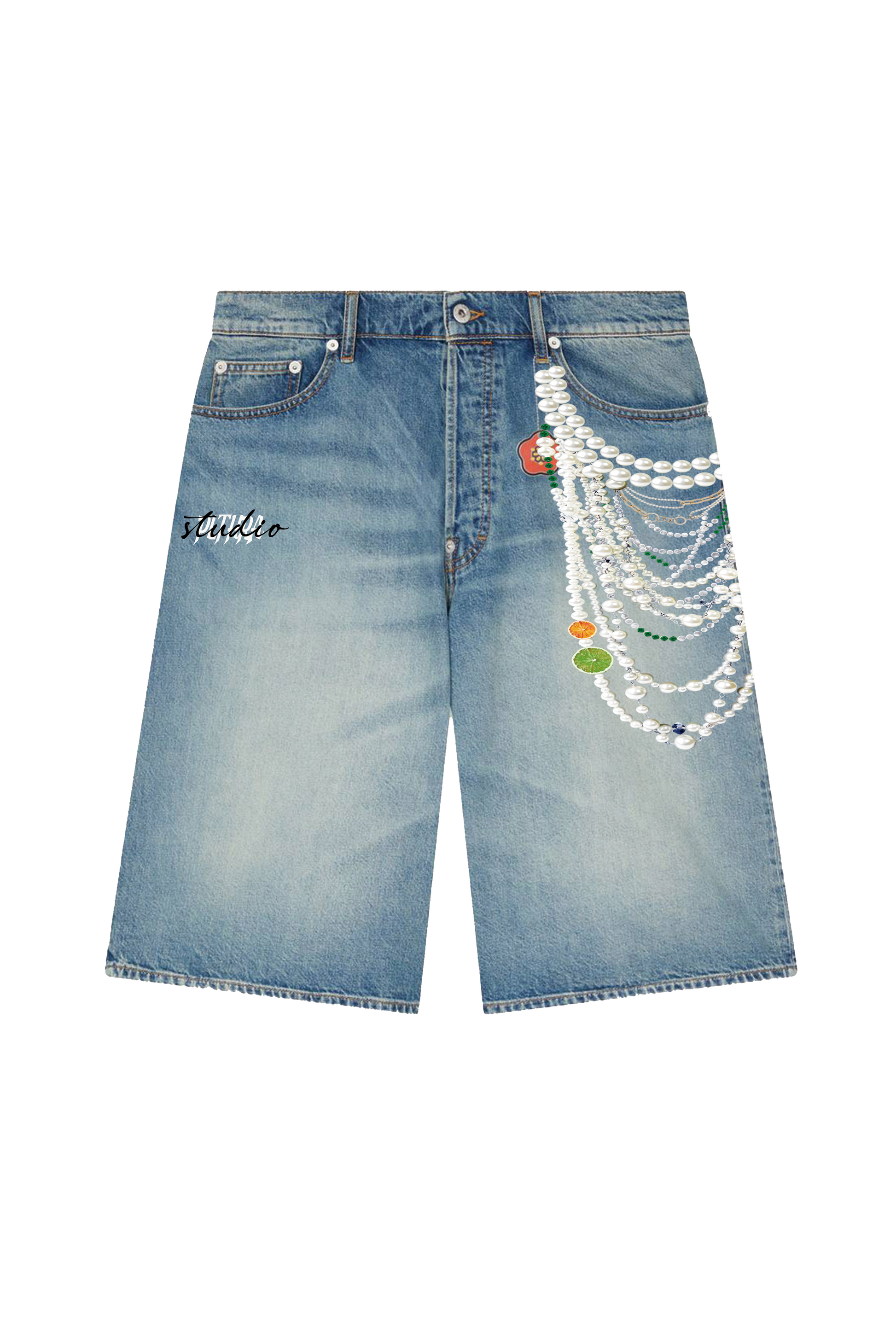Pearl Chain Denim Shorts